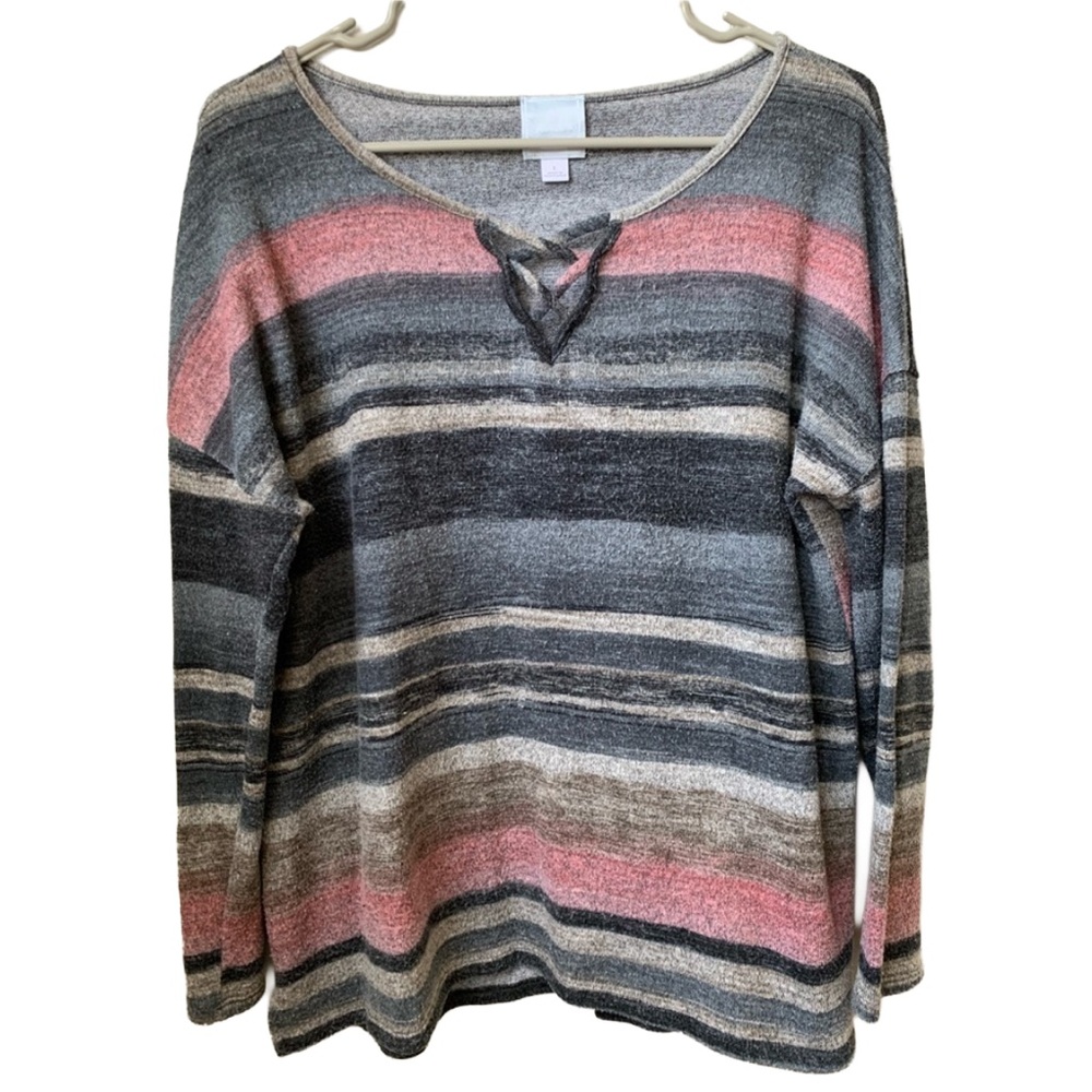 SUNDAY Women’s Gray Pink Stripe Split Lace Up V-neck Neck Drop Shoulder Sweater